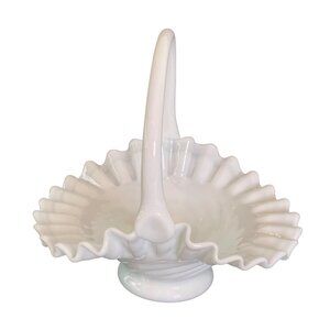 Milk Glass Basket Vintage Westmoreland Swirl Pattern Crimped Ruffle 6" x 6.5"